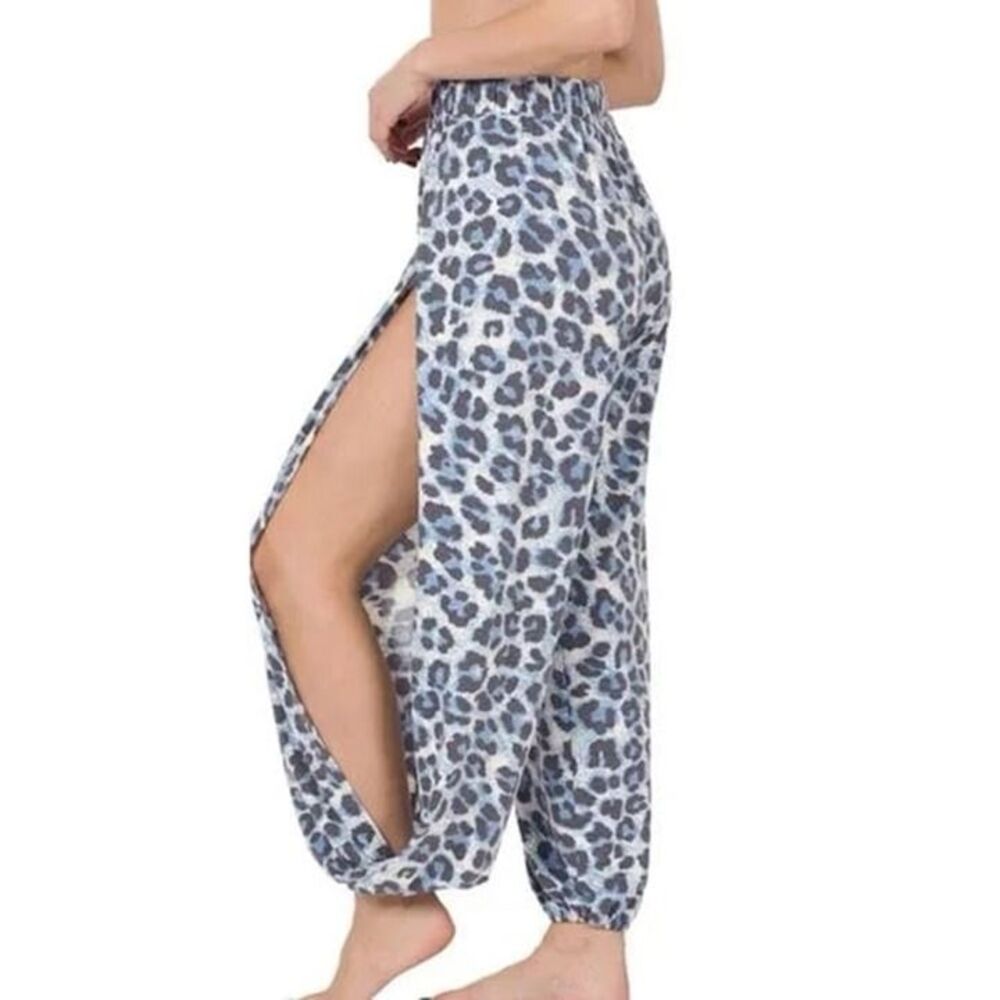 Blue Leopard Print Split Side Pants